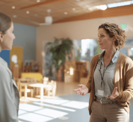 Fachkraft für Arbeitssicherheit im Gespräch mit Kita-Mitarbeiterin