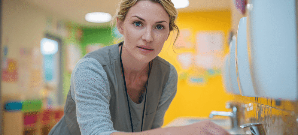 Frau an Waschbecken, Symbol für Hygienebeauftragte in der Kita