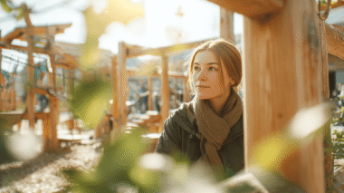 Kita-Mitarbeiterin schaut sich das Kita-Außengelände an.