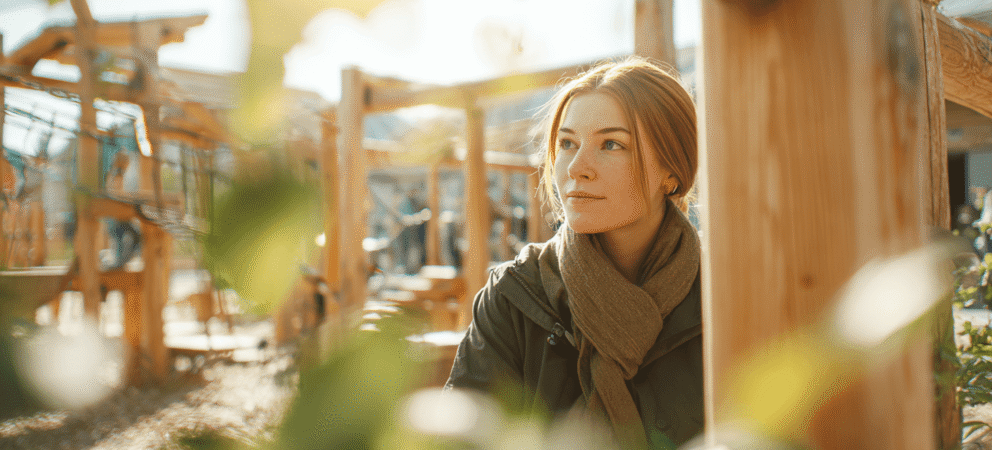 Kita-Mitarbeiterin schaut sich das Kita-Außengelände an.