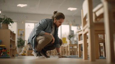Sicherheitsbeauftragter in der Kita testet den Gruppenraum auf Stolperfallen