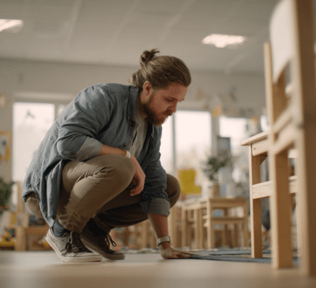Sicherheitsbeauftragter in der Kita testet den Gruppenraum auf Stolperfallen