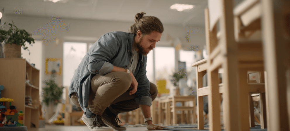 Sicherheitsbeauftragter in der Kita testet den Gruppenraum auf Stolperfallen