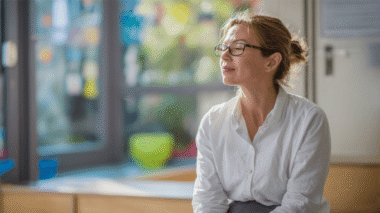 Erzieherin hat die Augen geschlossen und atmet tief durch. Symbolbild für Resilienztraining