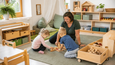 Erzieherin spielt mit zwei Kindern auf einem Spielteppich. Der Raum ist bedürfnisorientiert eingerichtet mit viel Holz und klarer Struktur