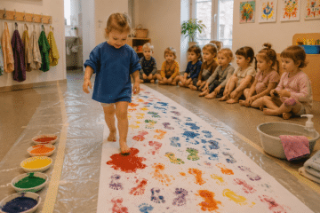 Bunte Fußabdrücke auf Malerpapier in Kita