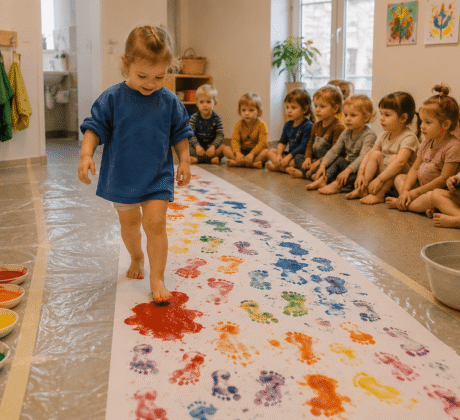 Bunte Fußabdrücke auf Malerpapier in Kita