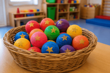 Bunte Gummibälle mit goldenen Sternen im Spielraum