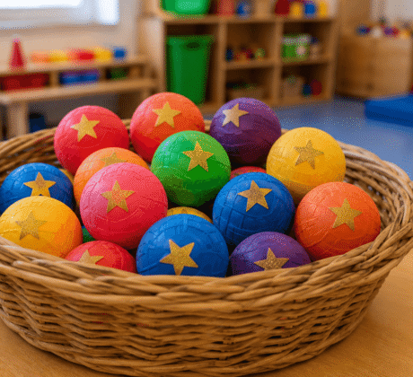 Bunte Gummibälle mit goldenen Sternen im Spielraum