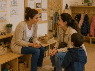 Freundliches Gespräch zwischen Erzieherin und Kita-Mutter.