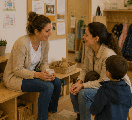 Freundliches Gespräch zwischen Erzieherin und Kita-Mutter.