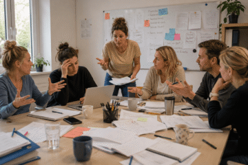 Intensive Besprechung in Atmosphäre bei Team-Besprechung in Kita