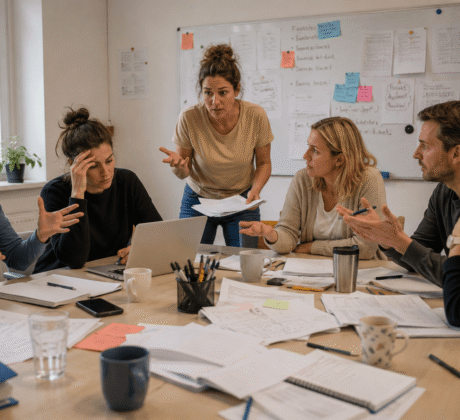 Intensive Besprechung in Atmosphäre bei Team-Besprechung in Kita