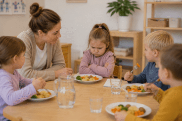 Kinder beim Mittagessen mit missmutigem Mädchen