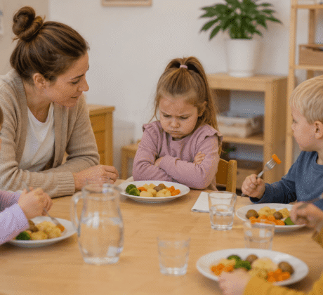 Kinder beim Mittagessen mit missmutigem Mädchen