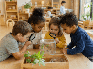 Kinder erforschen Wassertropfen mit einer Lupe im Gruppenraum