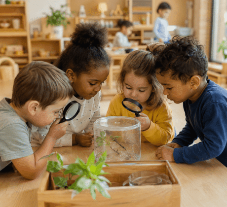 Kinder erforschen Wassertropfen mit einer Lupe im Gruppenraum