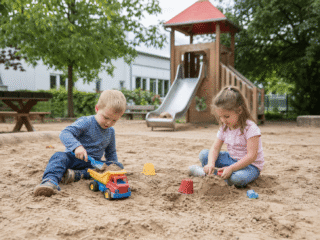 Kinder im Sandkasten, Symbol für Kita-Kinder unbeaufsichtigt auf Kita-Gelände
