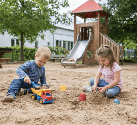 Kinder im Sandkasten, Symbol für Kita-Kinder unbeaufsichtigt auf Kita-Gelände