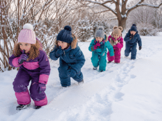 Kinder im Schnee spielen leise