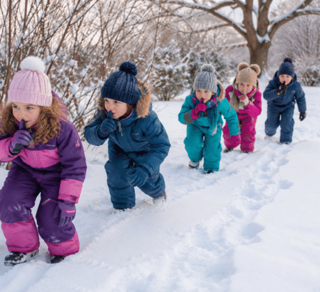 Kinder im Schnee spielen leise