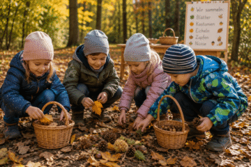 Kinder sammeln herbstliche Schätze im Park