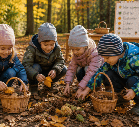 Kinder sammeln herbstliche Schätze im Park