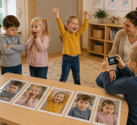 Kinder stellen Emotionen pantomimisch dar.