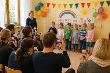 Kindergartenaufführung mit fröhlicher Dekoration