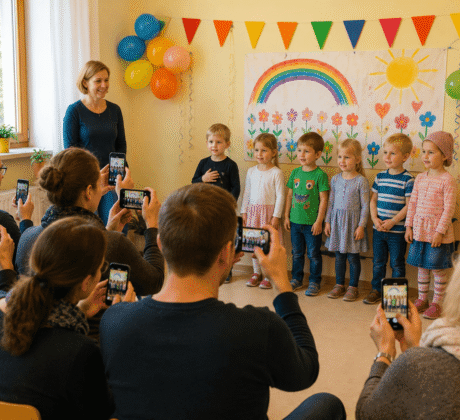 Kindergartenaufführung mit fröhlicher Dekoration
