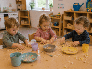 Kleine Kinder matschen auf dem Frühstückstisch