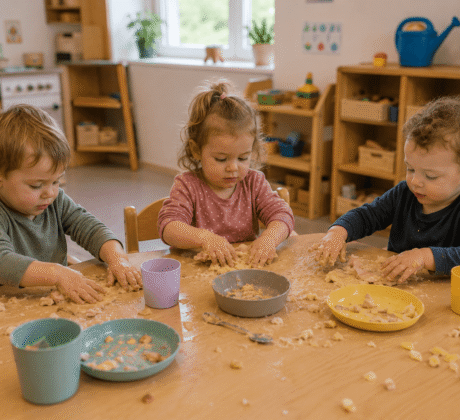 Kleine Kinder matschen auf dem Frühstückstisch