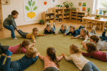 Lachen im Kindergartenkreis beim Rübenziehen-Spiel