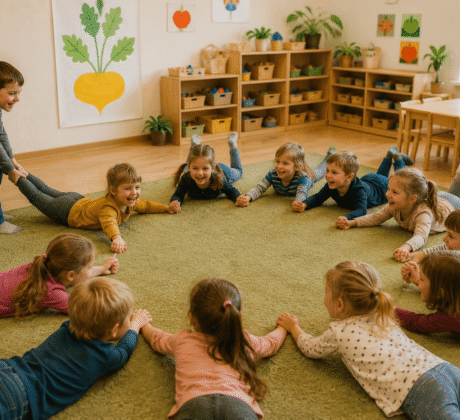 Lachen im Kindergartenkreis beim Rübenziehen-Spiel
