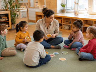 Kinder sprechen über ihre Emotionen im Morgenkreis.
