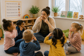 Erzieherin macht Lernspiel mit Kindergartenkindern