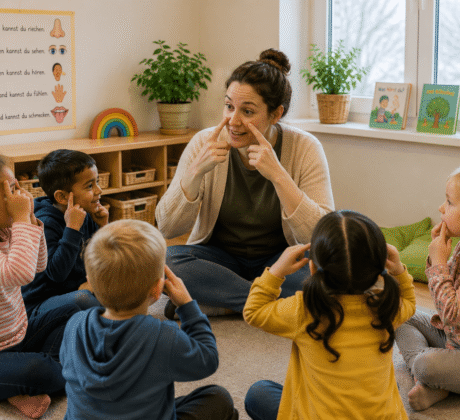 Erzieherin macht Lernspiel mit Kindergartenkindern