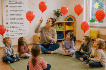 Erzieherin macht Bewegungsgeschichte mit roten Luftballons mit Kita-Kindern im Gruppenraum