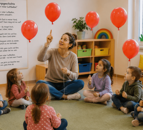 Erzieherin macht Bewegungsgeschichte mit roten Luftballons mit Kita-Kindern im Gruppenraum