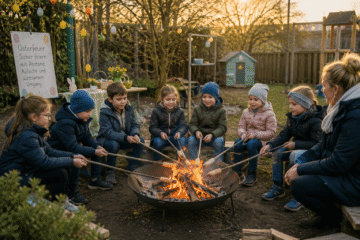 Osterfeuer im Garten mit Kindern