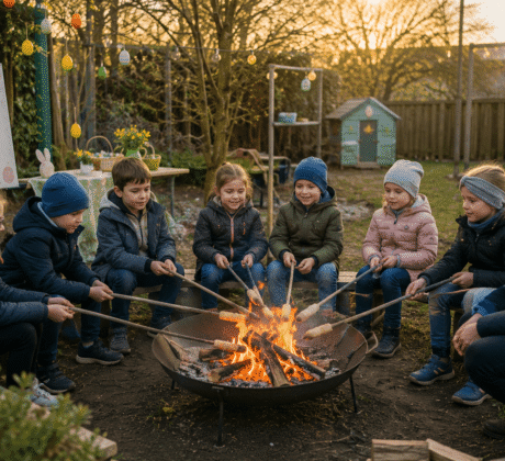 Osterfeuer im Garten mit Kindern