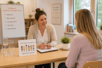 Problemgespräch zwischen Erzieherin und Mutter in der Kita
