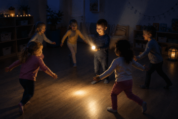 Im abgedunkelten Gruppenspiel spielen Kinder mit Taschenlampe