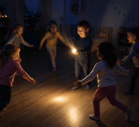 Im abgedunkelten Gruppenspiel spielen Kinder mit Taschenlampe