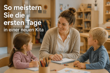 Erzieherin mit Kindern an Gruppentisch in Kita