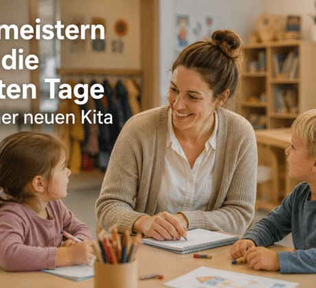 Erzieherin mit Kindern an Gruppentisch in Kita
