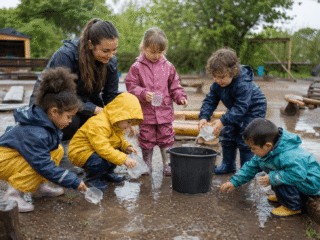 Spielende Kinder im Regenwetter