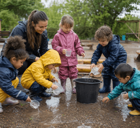 Spielende Kinder im Regenwetter