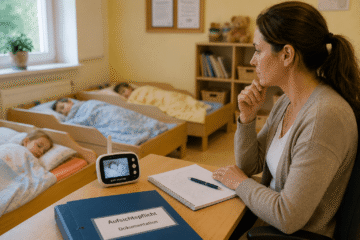 Erzieherin überwacht Kinder beim Mittagsschlaf