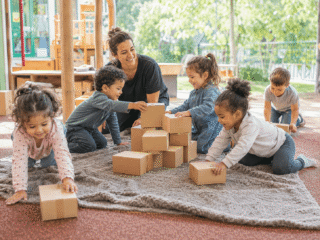 Erzieherin mit Kindern im Gruppenspiel mit vielen Kartons.